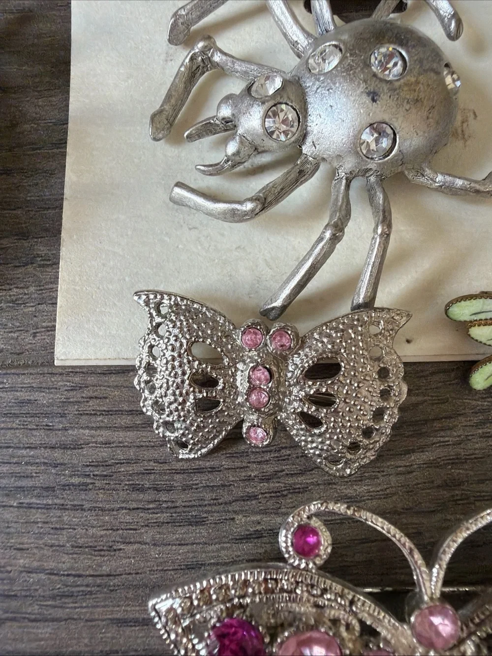 6 vintage Bugs,Butterflies & Spider Pins Brooches Enamel , Pink Rhinestones….